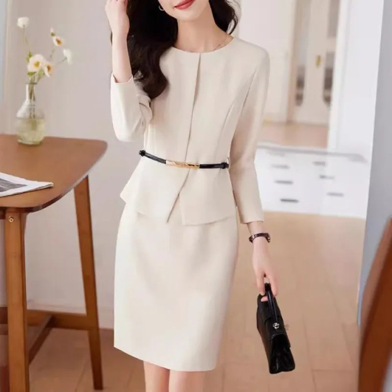 Women's Professional Dresses Suits, Women's Slim Temperament, Hip Dress Skirts, Hosts, Hotel Office Lady Overalls with Belt