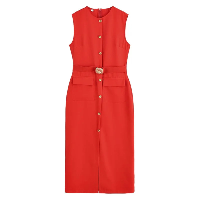 MUJER 2025 Womens Dresses Black Office Long Dresses for Women Spring Sleeveless Midi Dress Woman Belt Button Women's Dress Vest