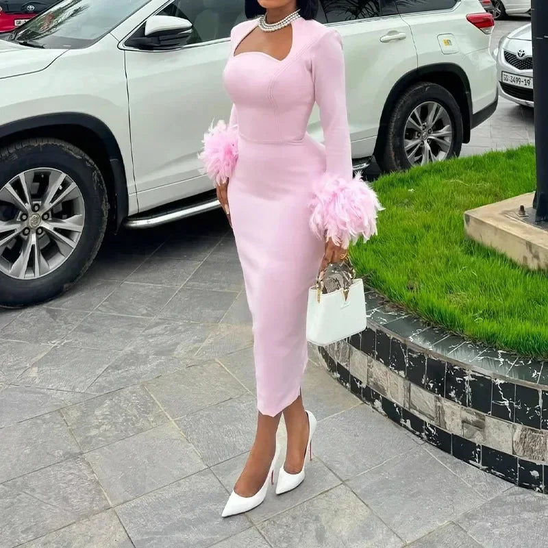 New Arrival Women Sexy High Waisted Long Sleeve Feather Trim Split Bandage Dress OL 2025 Elegant Evening Club Party Dresses