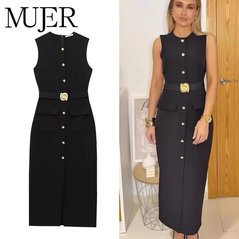 MUJER 2025 Womens Dresses Black Office Long Dresses for Women Spring Sleeveless Midi Dress Woman Belt Button Women's Dress Vest