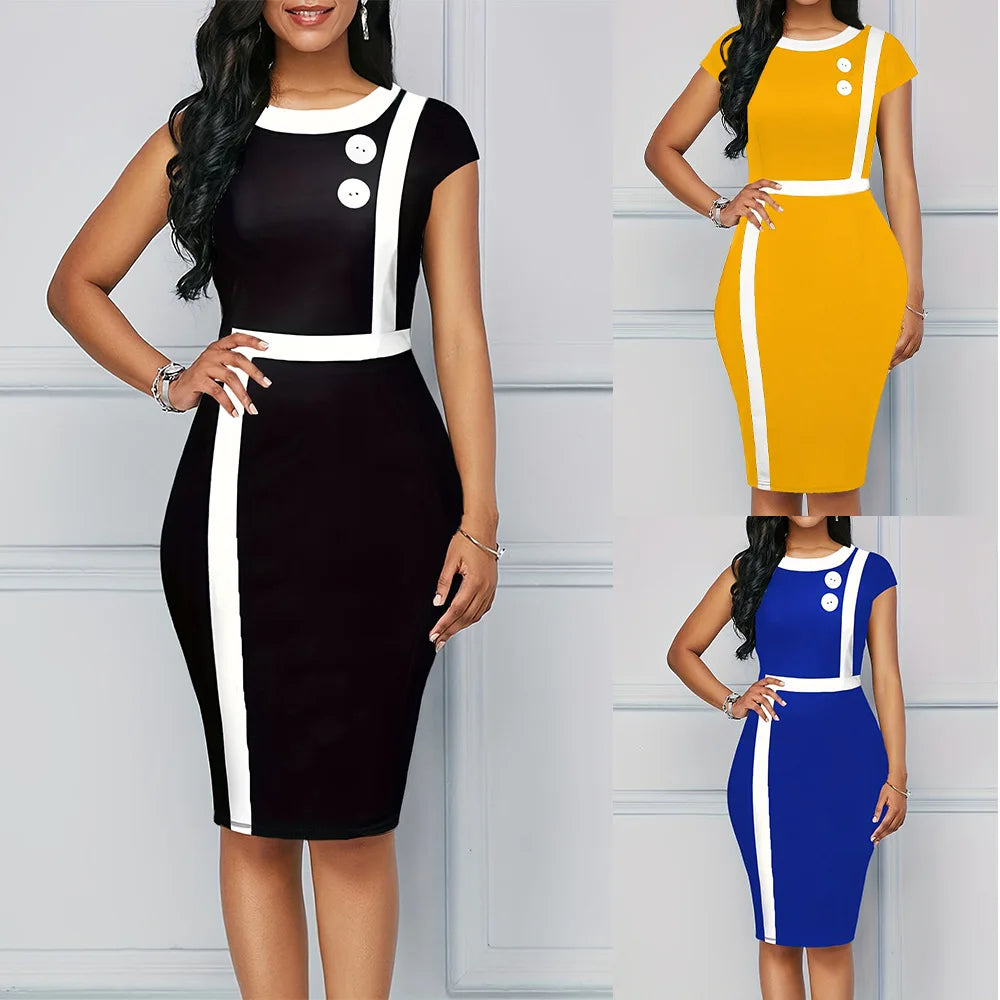 Elegant Patchwork Black White Dress Women Summer O-Neck Short Sleeve Slim Office Lady Pencil Bodycon Dresses Party Vestido