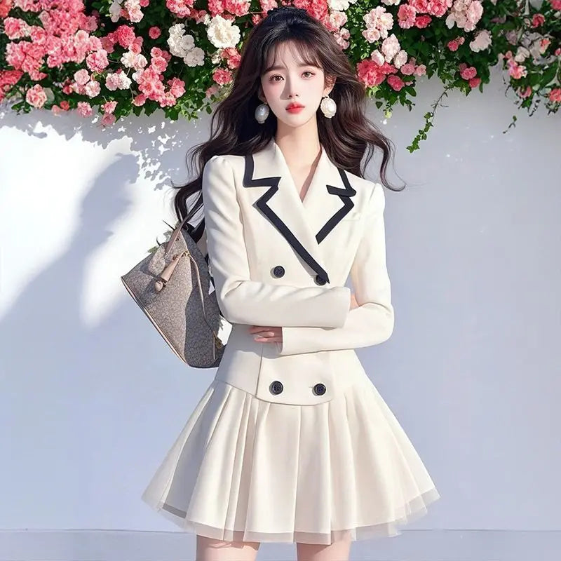 Office Blazer Dress Women Elegant Preppy Style Pleated Blazer Short Dress Fashion double-breasted Lapel Party Evening Dress Y2K