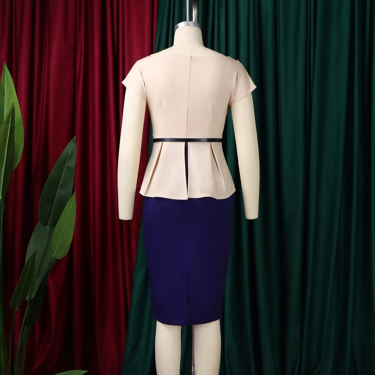 Elegant Office Dresses for Women O Neck Short Sleeve Belt Waisted Package Hips Mid Calf Professional Business Work Dress Midi OL