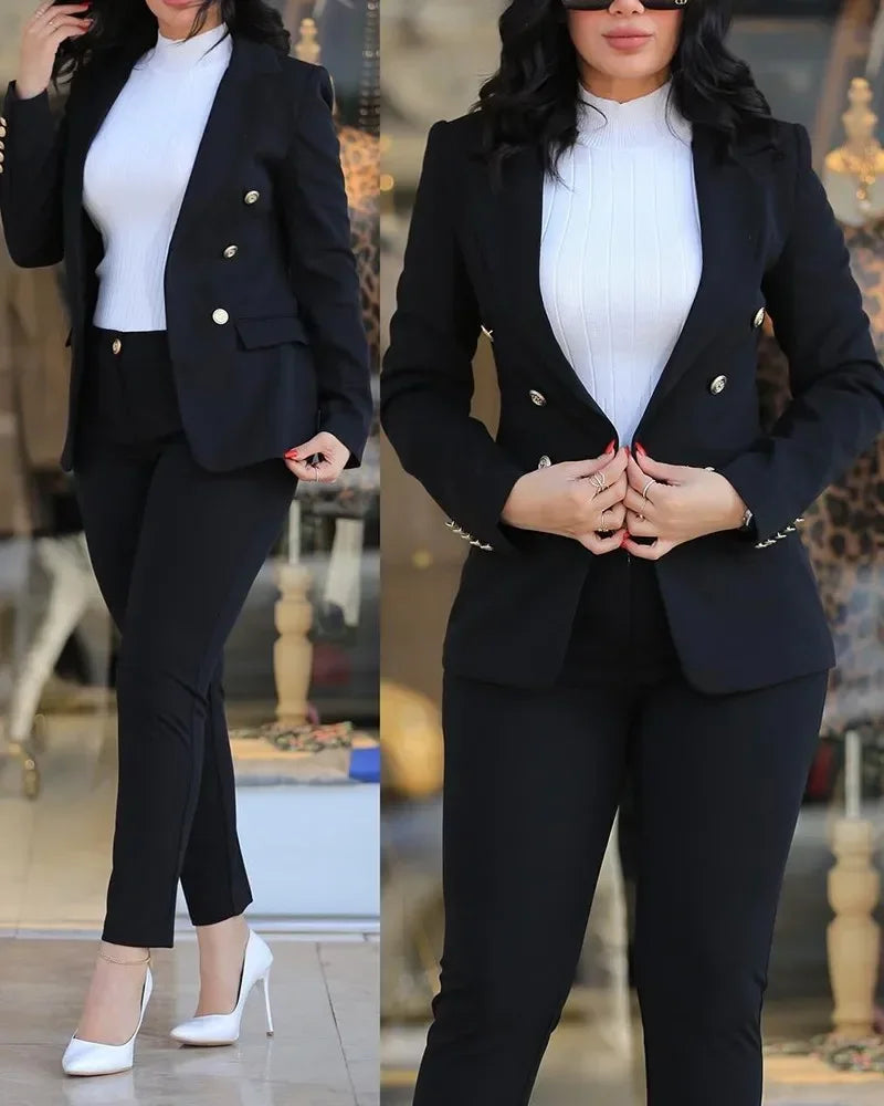 Sets for Women 2 Pieces Autumn Fashion Notched Neck Long Sleeve Blazer & Elegant High Waist Work Pants Set Office Lady