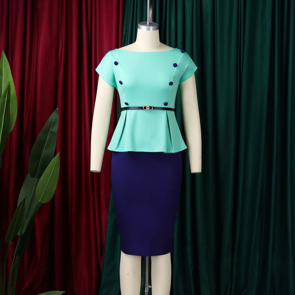 Elegant Office Dresses for Women O Neck Short Sleeve Belt Waisted Package Hips Mid Calf Professional Business Work Dress Midi OL