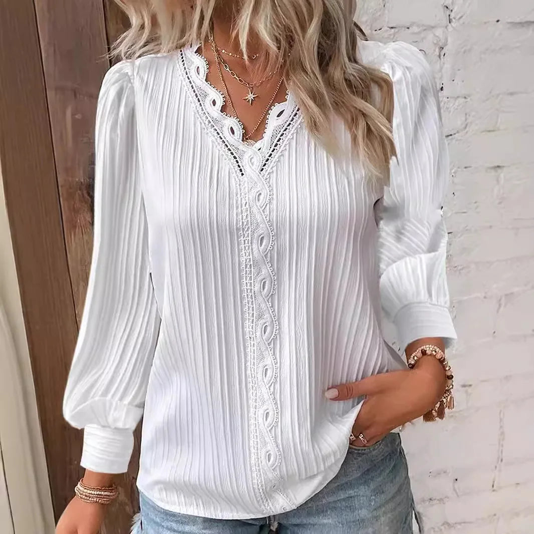 Women Red Striped Women's Blouses Fashion Solid V-neck Casual Long Sleeve Tops Elegant Office Shirts Female Slim Blusas