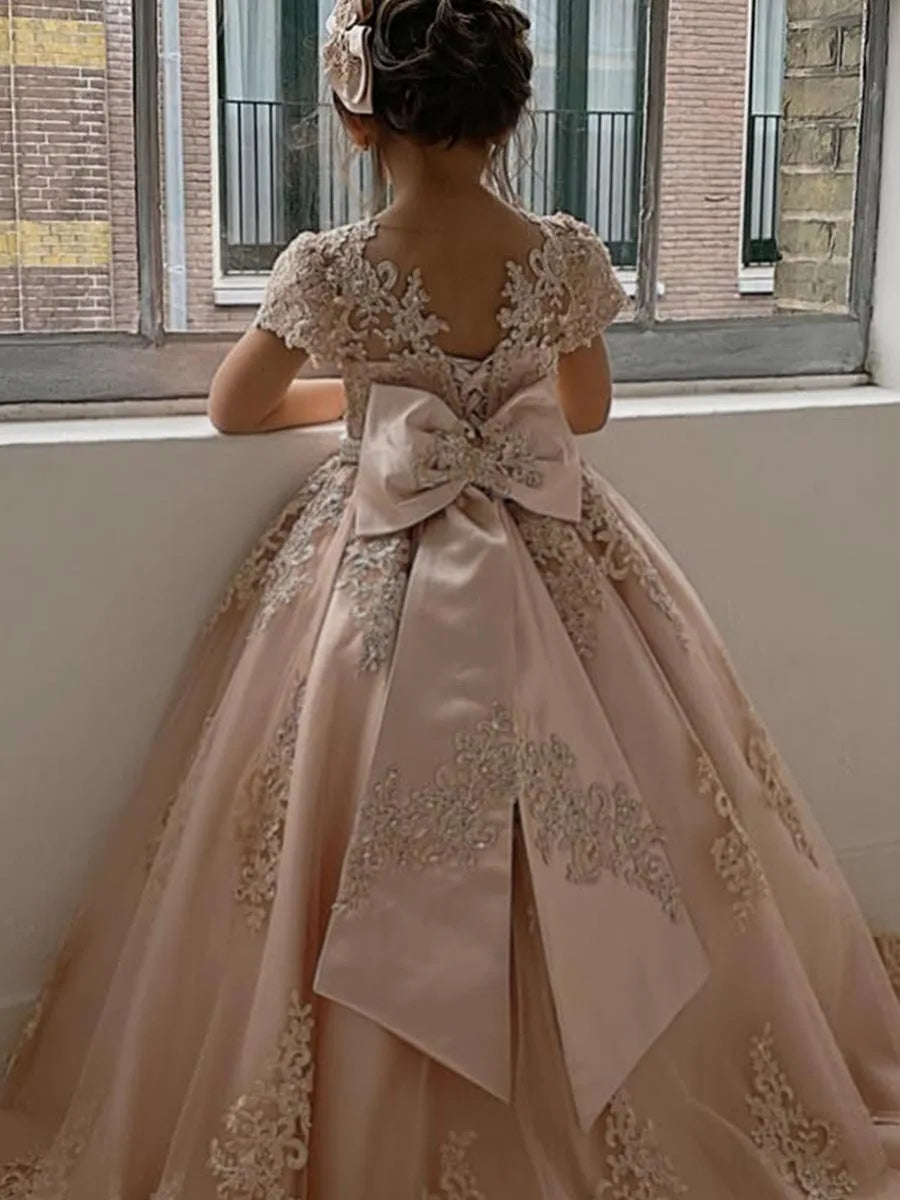 Girls Princess Flower Girl Dresses for Wedding With Bow-knot Beaded Appliques Pageant Dress Kids Long Train Wedding Party Gowns