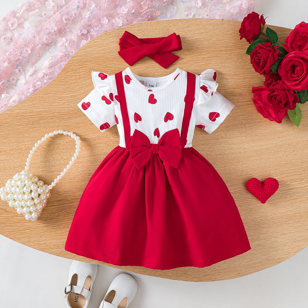 0-3 Year Baby girl Dress Round neck Heart-shaped Printed Bow, Princess Dress+Headband Toddler Baby girl Summer Party Dress
