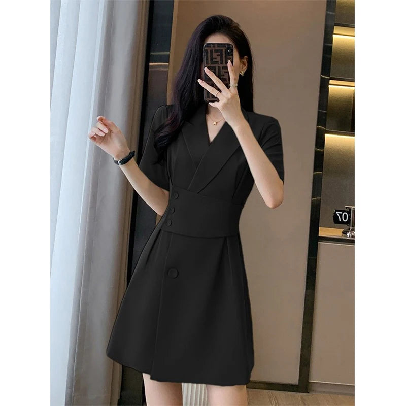 Summer New Office Lady Elegant Fashion Waist Dress Femme Short Sleeve Temperament Solid Robe Vestidos De Fiesta Women's Clothing