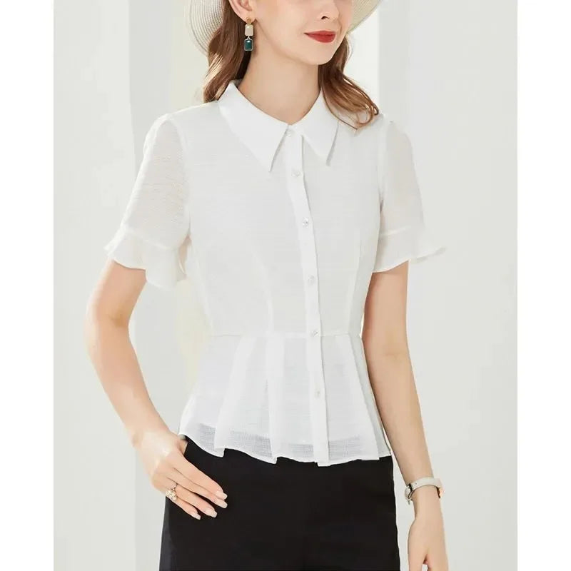 Women's Button Down Blouse Short Ruffle Sleeve Peplum Hem Chiffon Office Casual Top