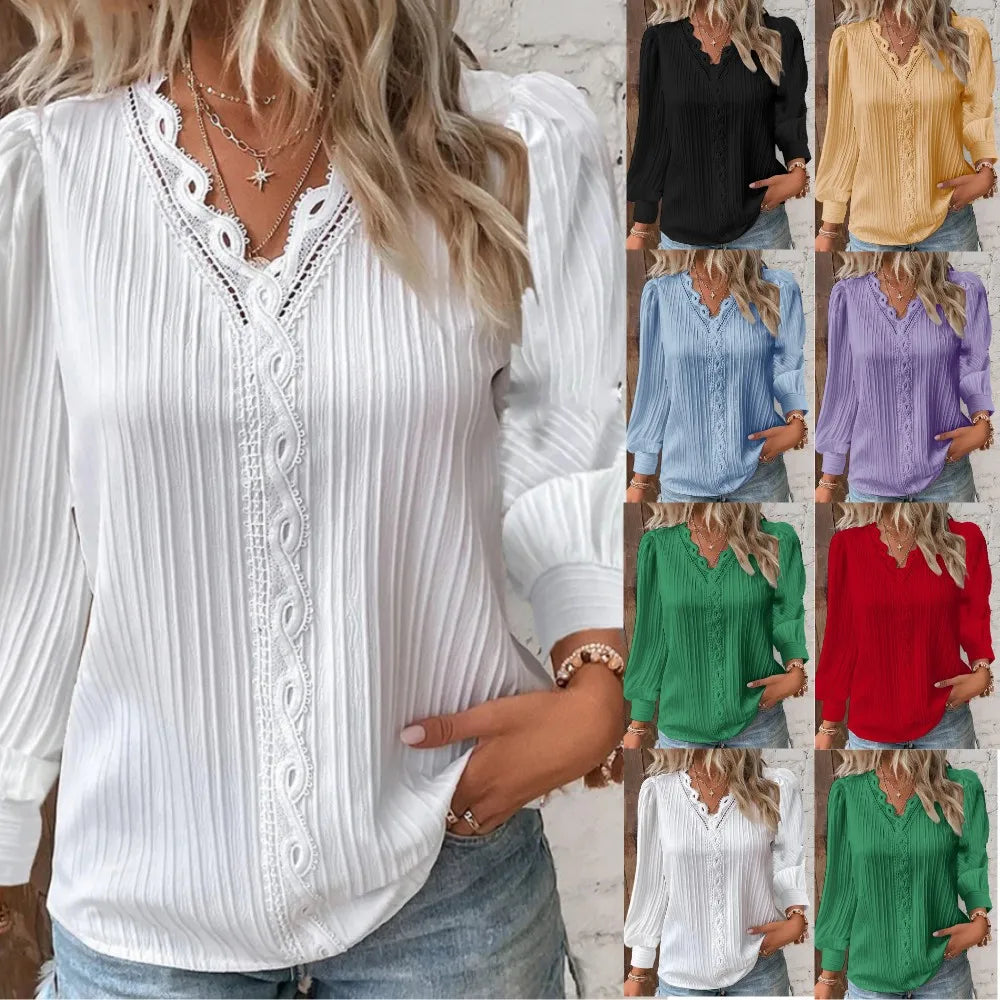 Women Red Striped Women's Blouses Fashion Solid V-neck Casual Long Sleeve Tops Elegant Office Shirts Female Slim Blusas