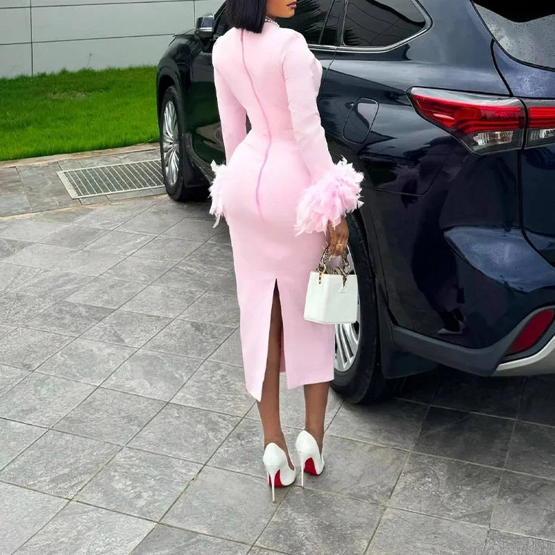 New Arrival Women Sexy High Waisted Long Sleeve Feather Trim Split Bandage Dress OL 2025 Elegant Evening Club Party Dresses