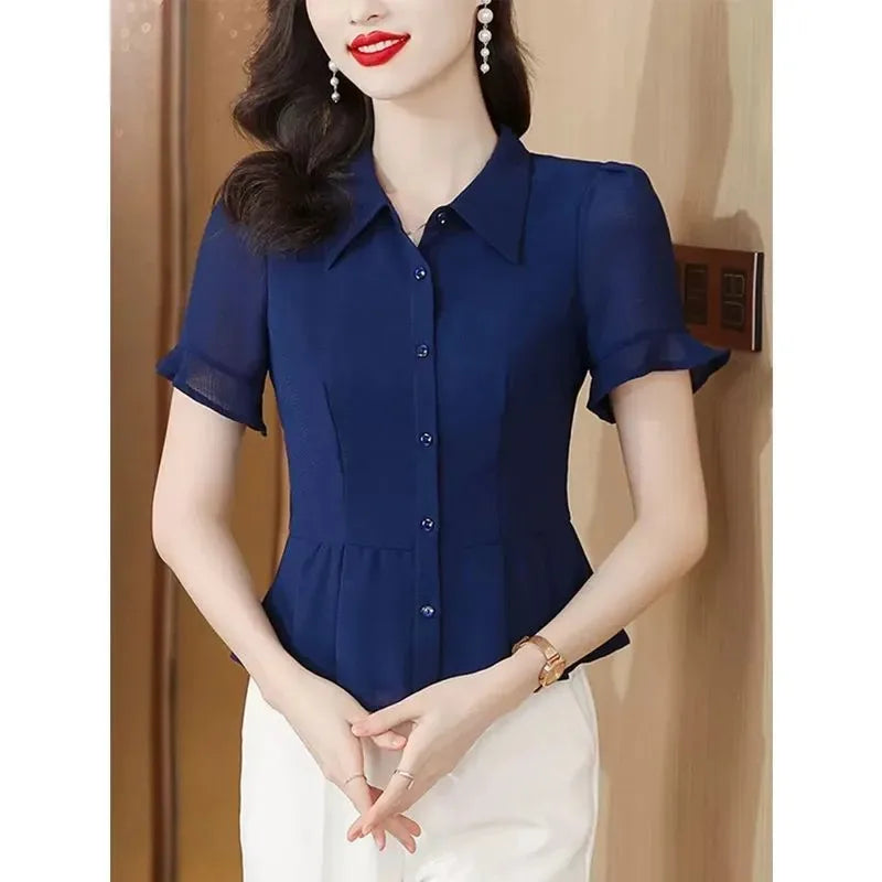 Women's Button Down Blouse Short Ruffle Sleeve Peplum Hem Chiffon Office Casual Top
