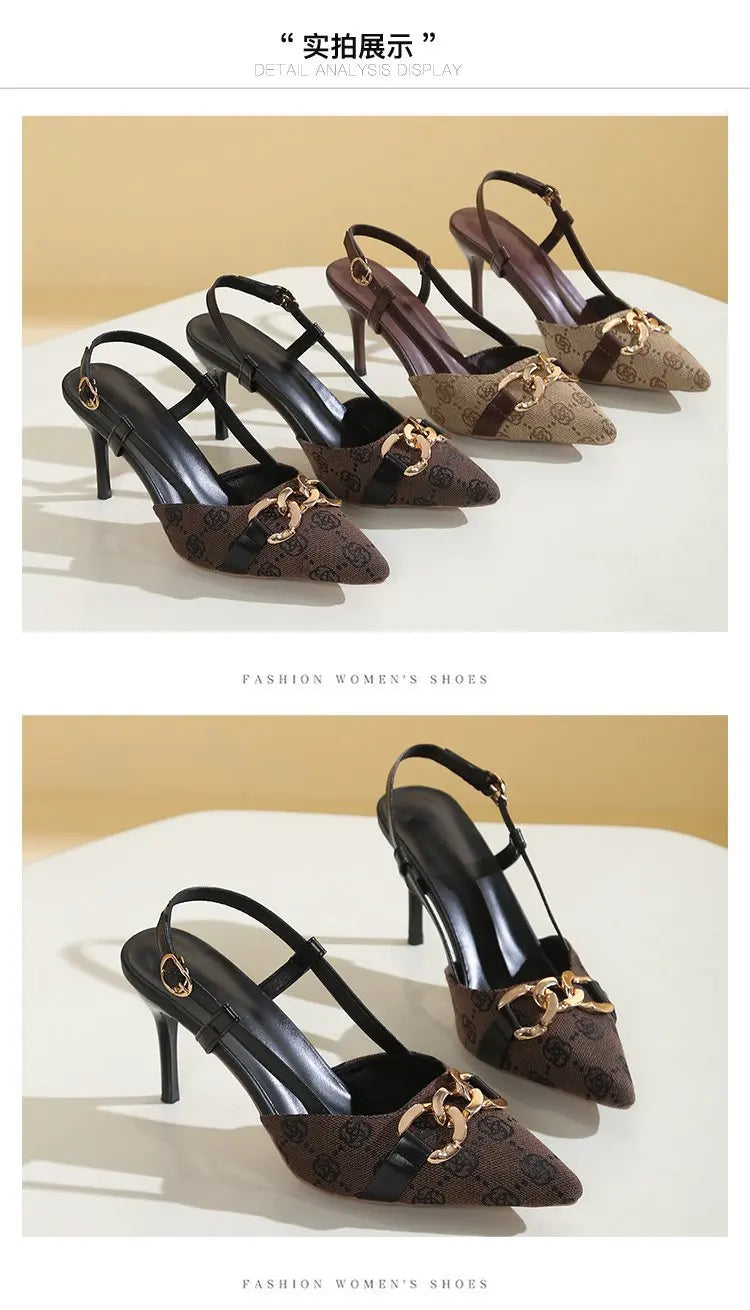 2025 Women's Fashion Baotou Sandals Spring New Pointed Head Shallow Mouth Metal Buckle Anti-slip Wear-resistant High Heels
