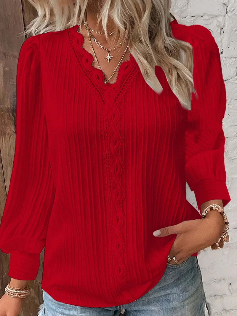 Women Red Striped Women's Blouses Fashion Solid V-neck Casual Long Sleeve Tops Elegant Office Shirts Female Slim Blusas