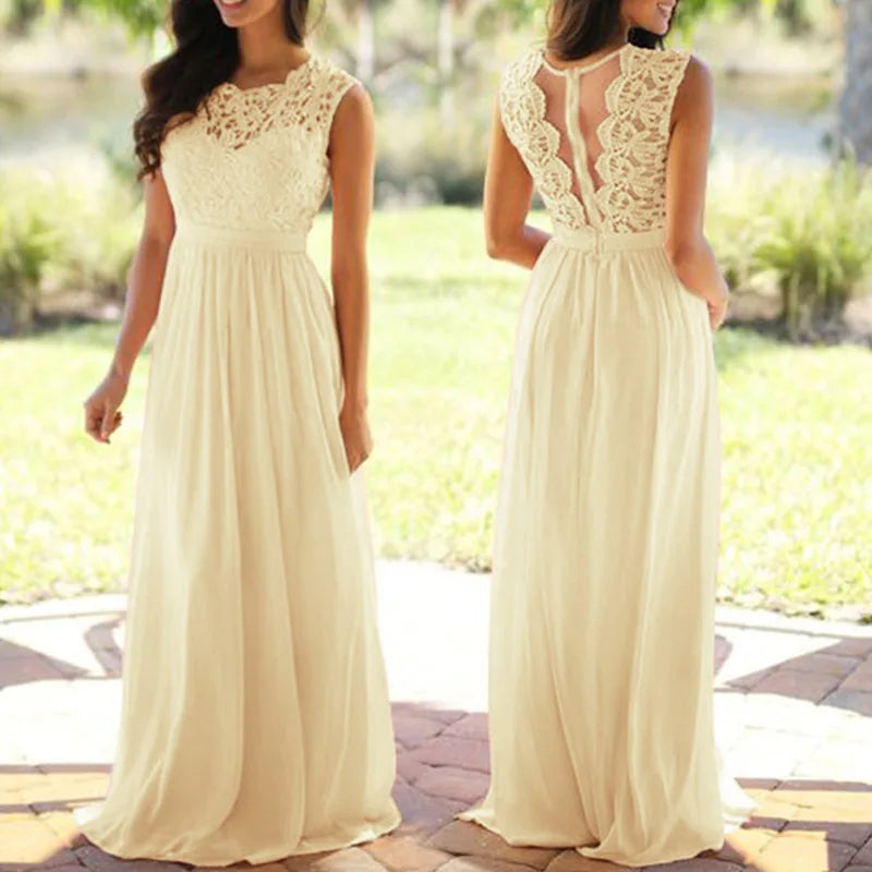 2026 Women Elegant Lace Patchwork Long Dress Female Solid Wedding Bridesmaid Party Maxi Dress Robe Femme Vestidos Dresses S-5XL