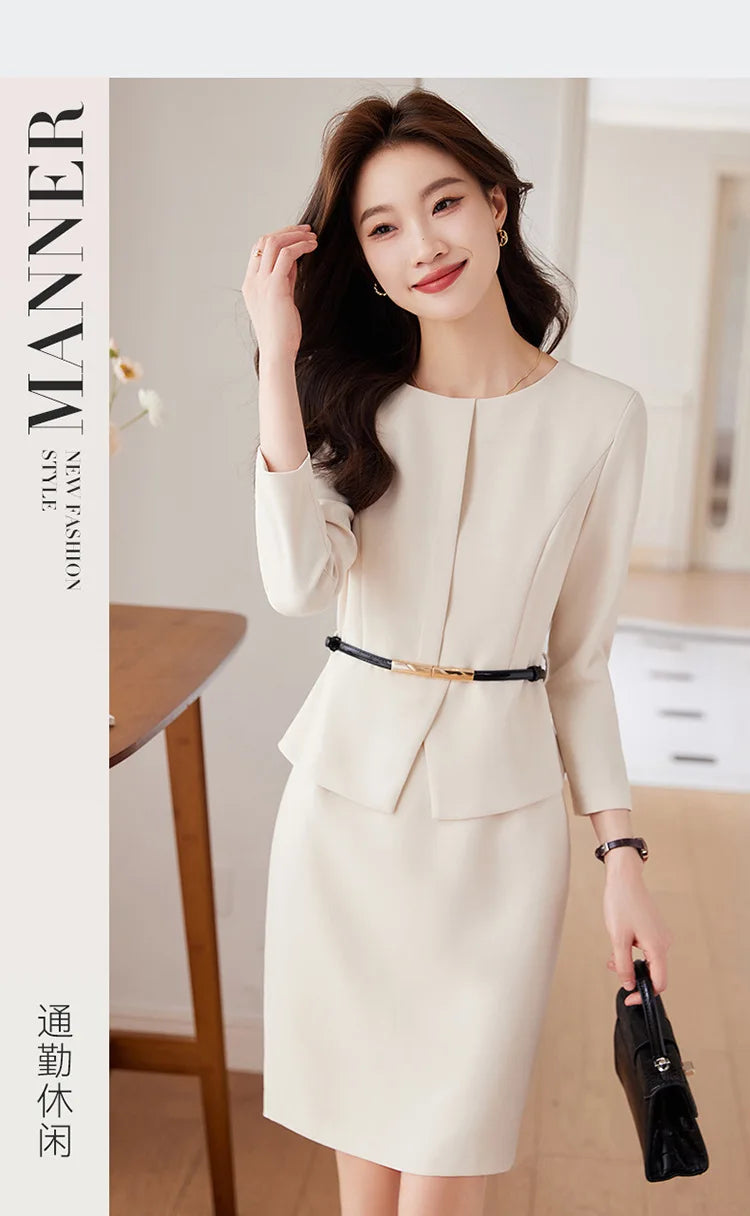 Women's Professional Dresses Suits, Women's Slim Temperament, Hip Dress Skirts, Hosts, Hotel Office Lady Overalls with Belt
