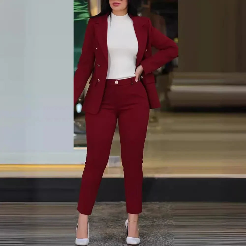 Sets for Women 2 Pieces Autumn Fashion Notched Neck Long Sleeve Blazer & Elegant High Waist Work Pants Set Office Lady