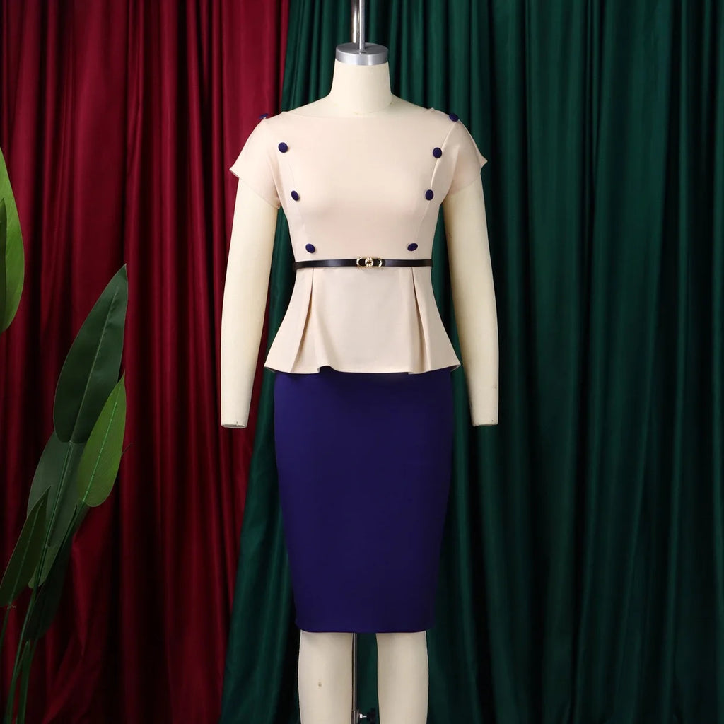 Elegant Office Dresses for Women O Neck Short Sleeve Belt Waisted Package Hips Mid Calf Professional Business Work Dress Midi OL