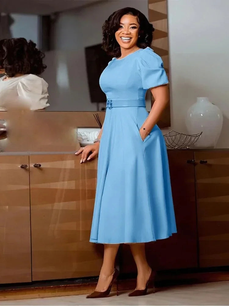 Ladies Office Dresses Women Formal Work O-Neck Puff Sleeve Wrap Waist A-line Dresses with Belt Bodycon Dress African Dresses