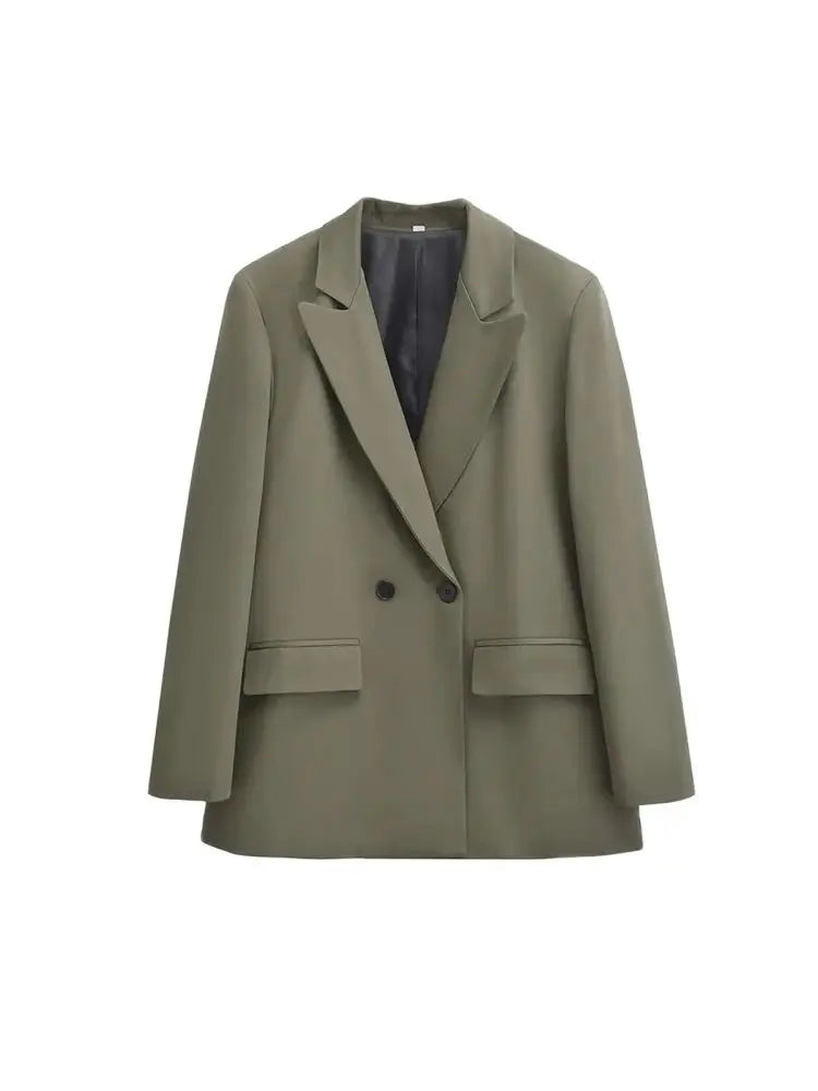 Women's Double Breasted Office Wear Blazer Coat, Long Sleeve, Flap Pockets, Female Outerwear, Chic Tops, Fashion