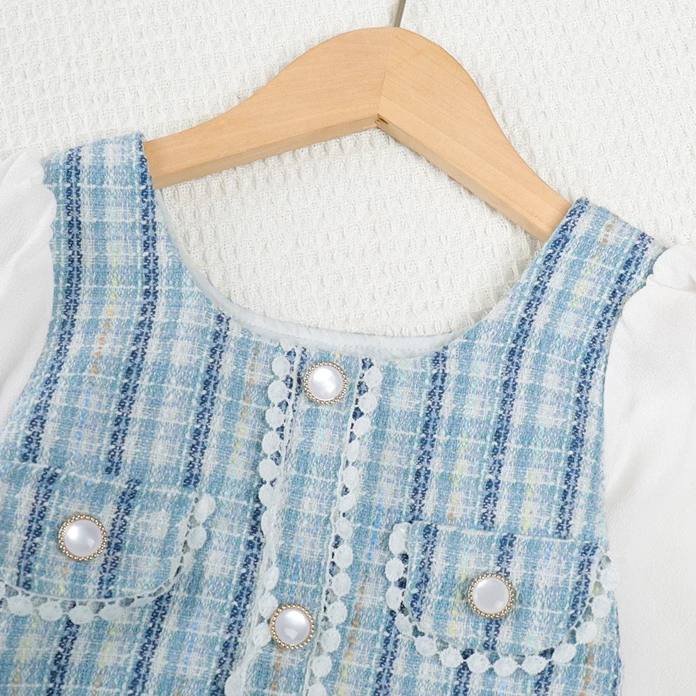 Menoea Girls' Dress 2023 Autumn New Girls' Round Neck Plaid Lace Button Long Sleeve Dress Girls' Fashion Patchwork Dress