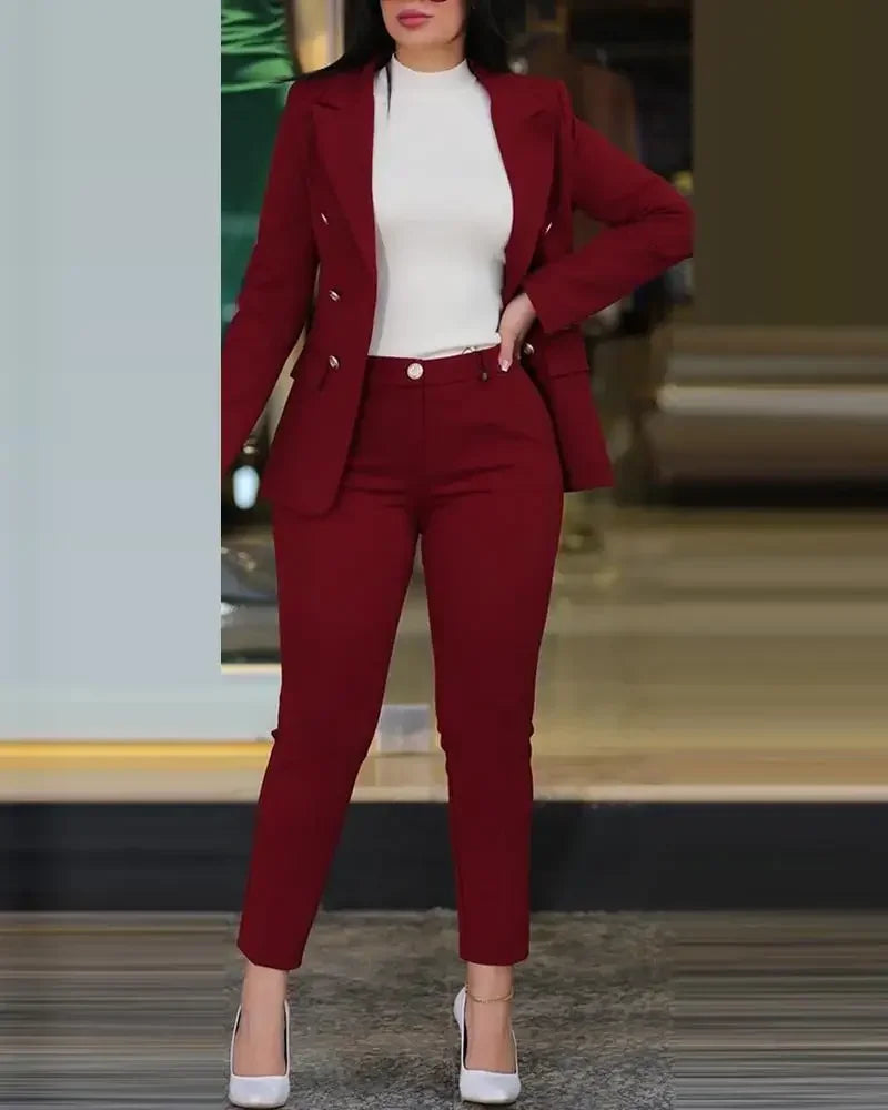 Sets for Women 2 Pieces Autumn Fashion Notched Neck Long Sleeve Blazer & Elegant High Waist Work Pants Set Office Lady